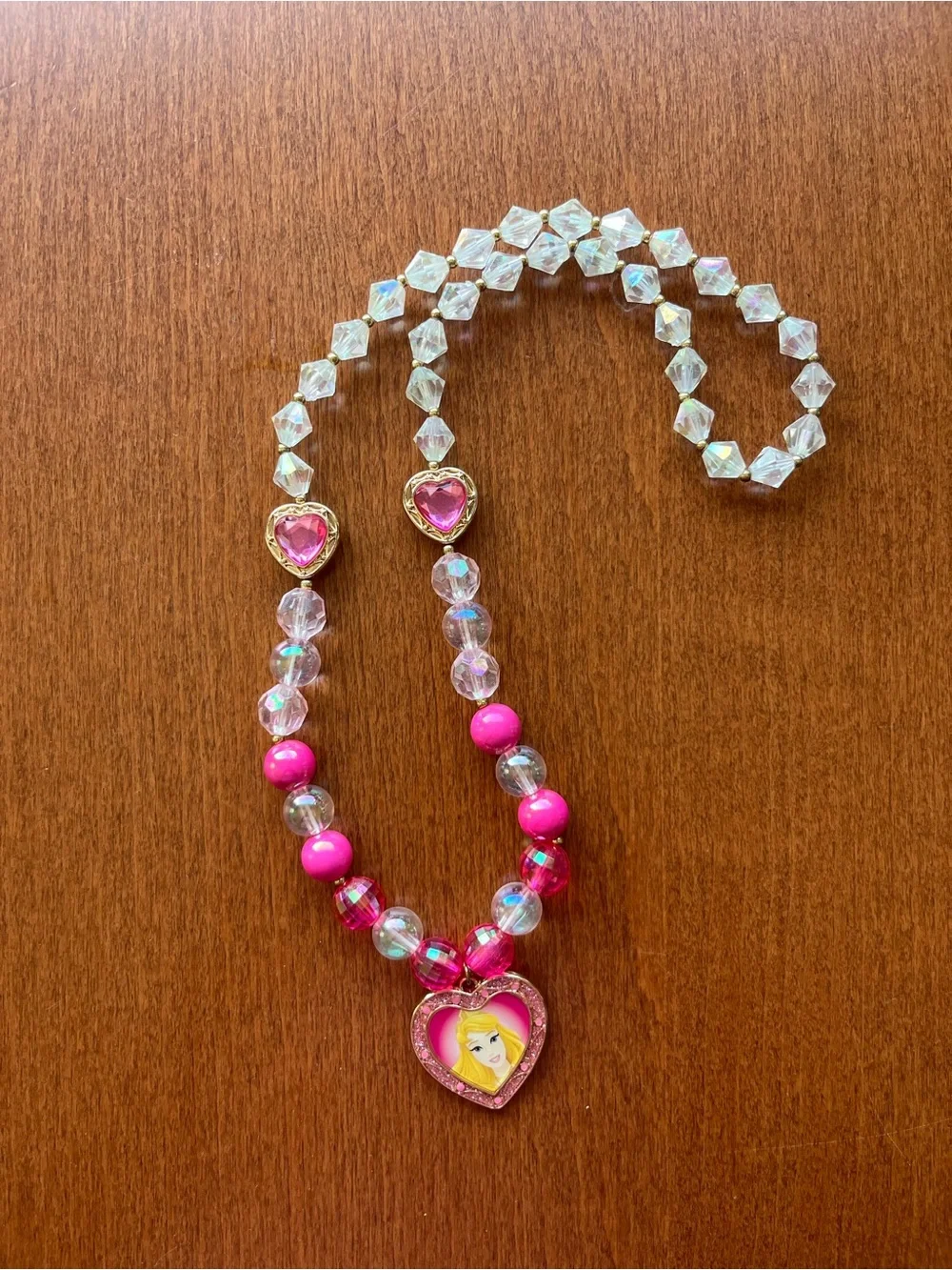 Sleeping Beauty Disney Parks Kids Pink Heart Pendant Beaded Necklace